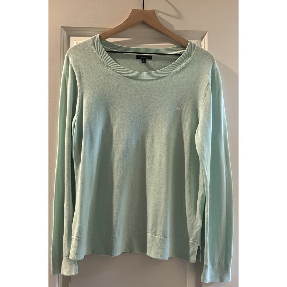Nautica Sweater XL Mint Green Cotton Modal Crew Neck Lightweight Logo Soft Knit